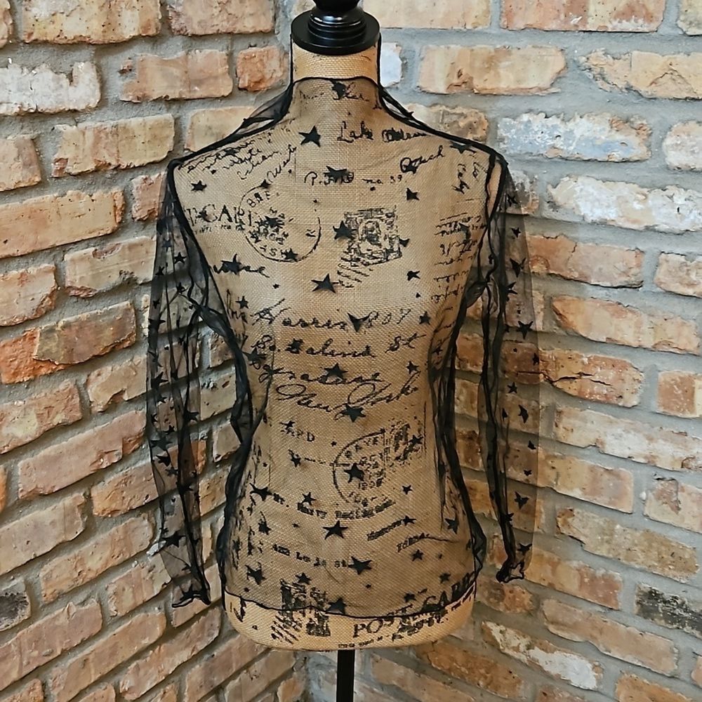 Stars Sheer Black Funnel Neck Layering Top | Size Small